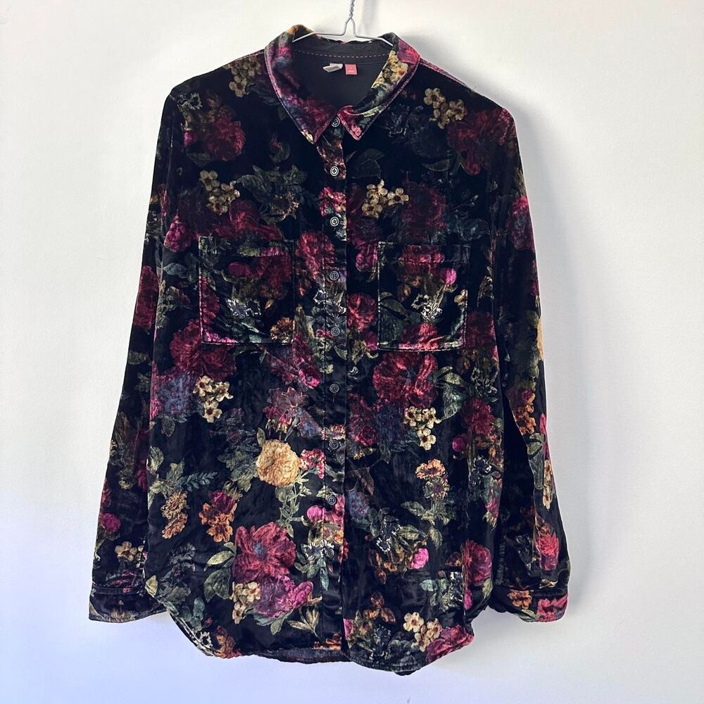 Anthropologie Pilcro "The Hadley" Black Crushed Velvet Floral Button Down Shirt